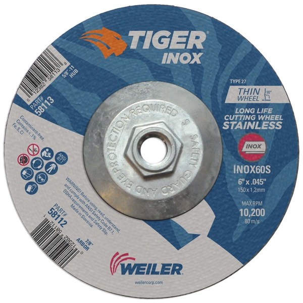 Weiler 6" x .045" TIGER INOX Type 27 Cutting Wheel, INOX60S, , 5/8"-11 Nut 58113